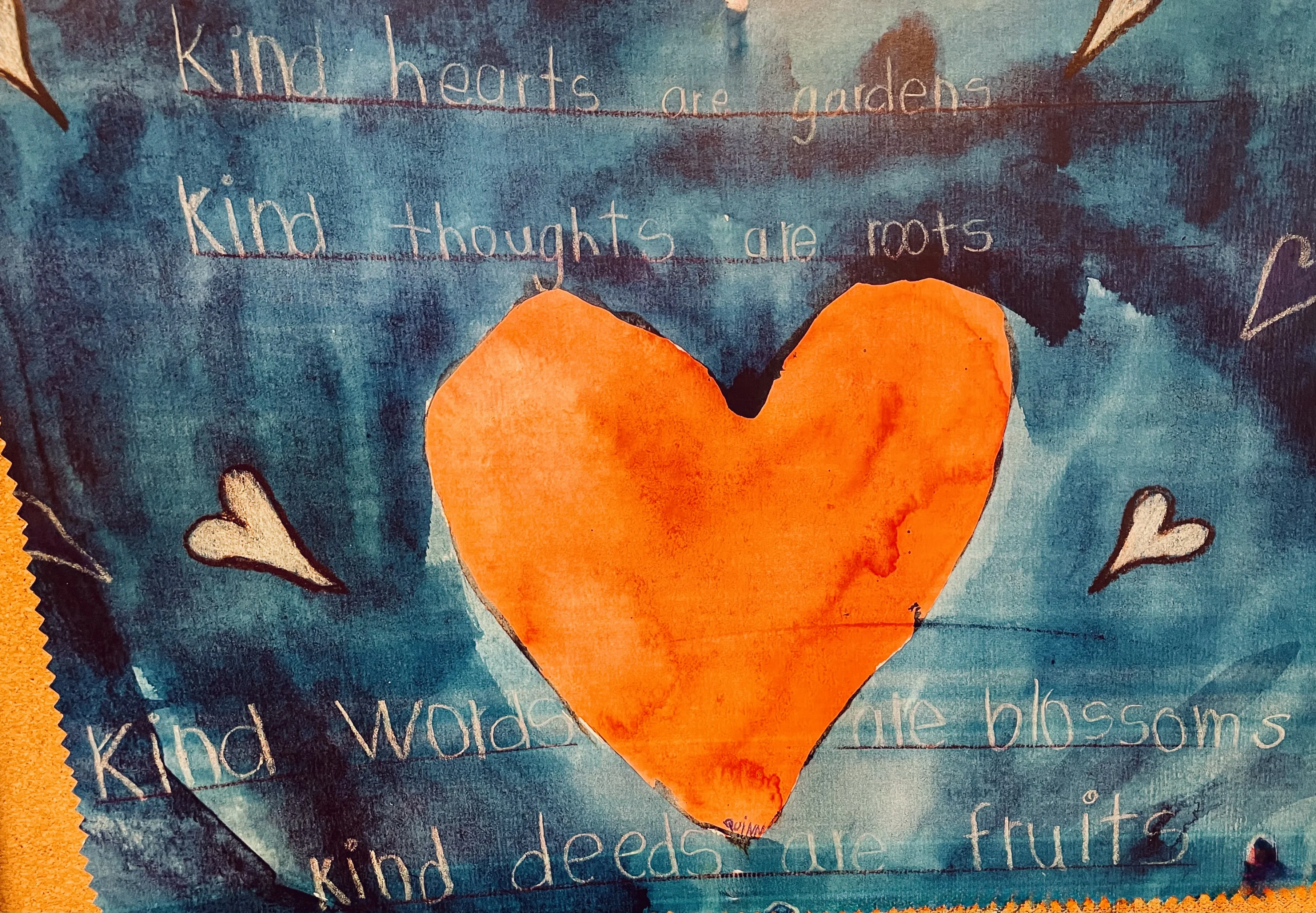 Watercolor painting of golden/orange heart with words of kindness.